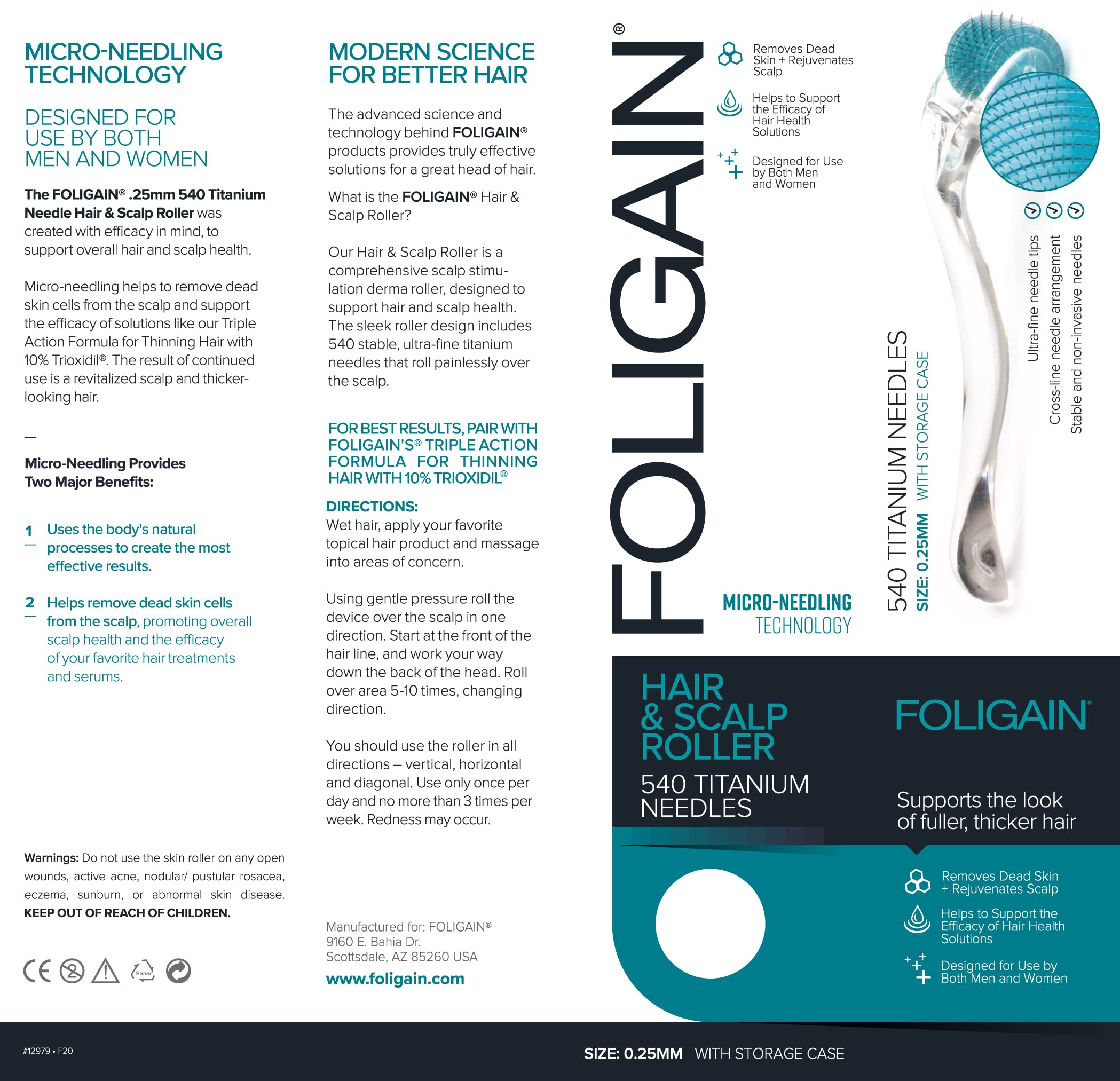 Foligain Hair & scalp roller with 540 titanium needles